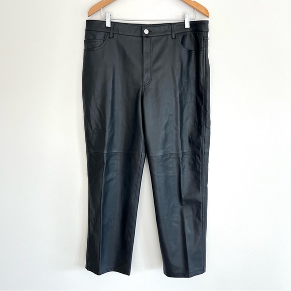 MANGO Black Faux Leather 100% Polyester High Waist Straight Leg Long Pants Sz 12 - Picture 2 of 15